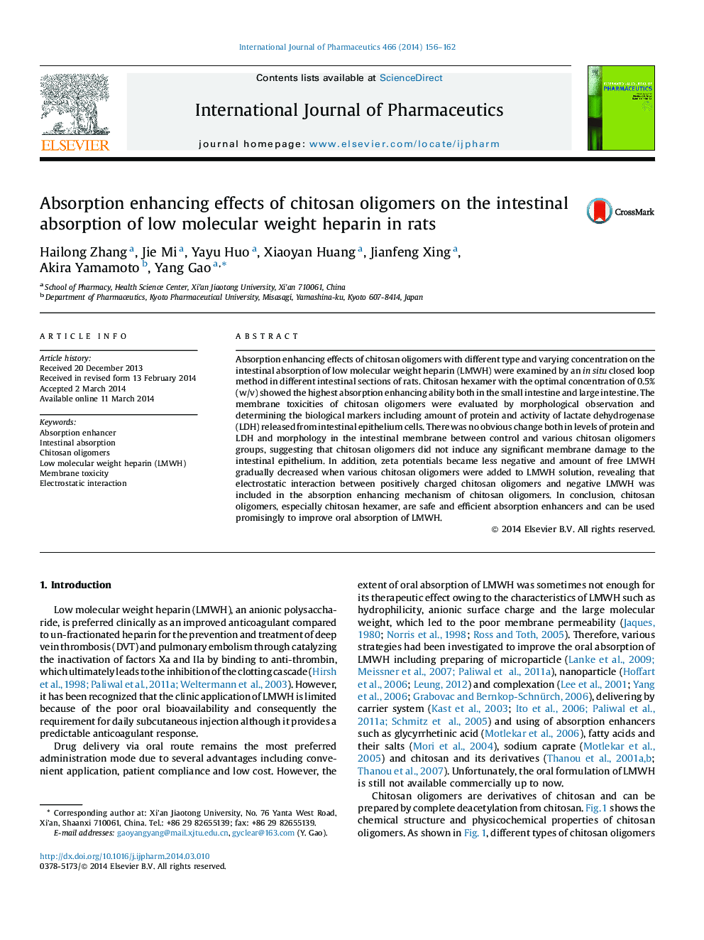 Absorption enhancing effects of chitosan oligomers on the intestinal absorption of low molecular weight heparin in rats