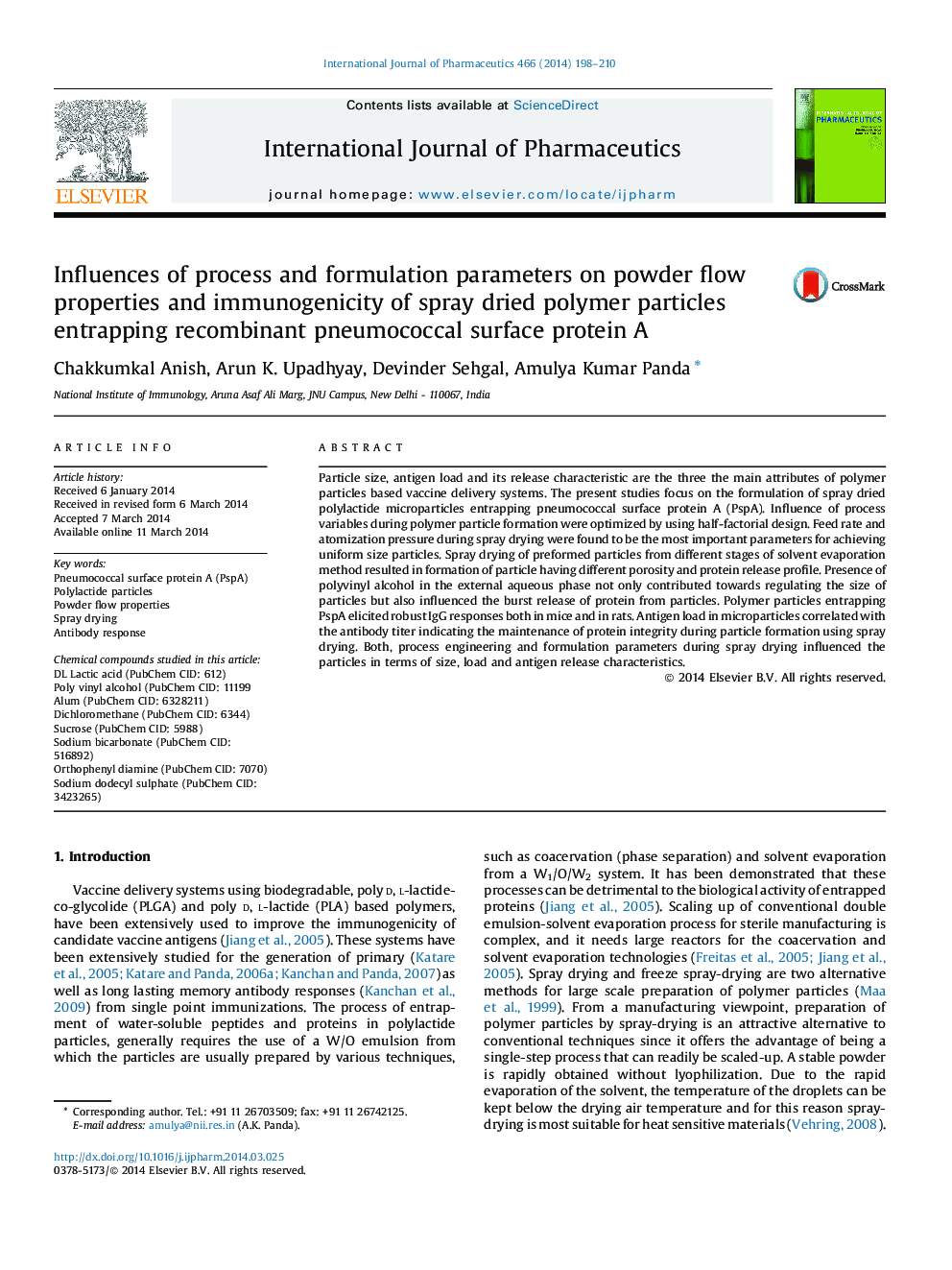 Influences of process and formulation parameters on powder flow properties and immunogenicity of spray dried polymer particles entrapping recombinant pneumococcal surface protein A