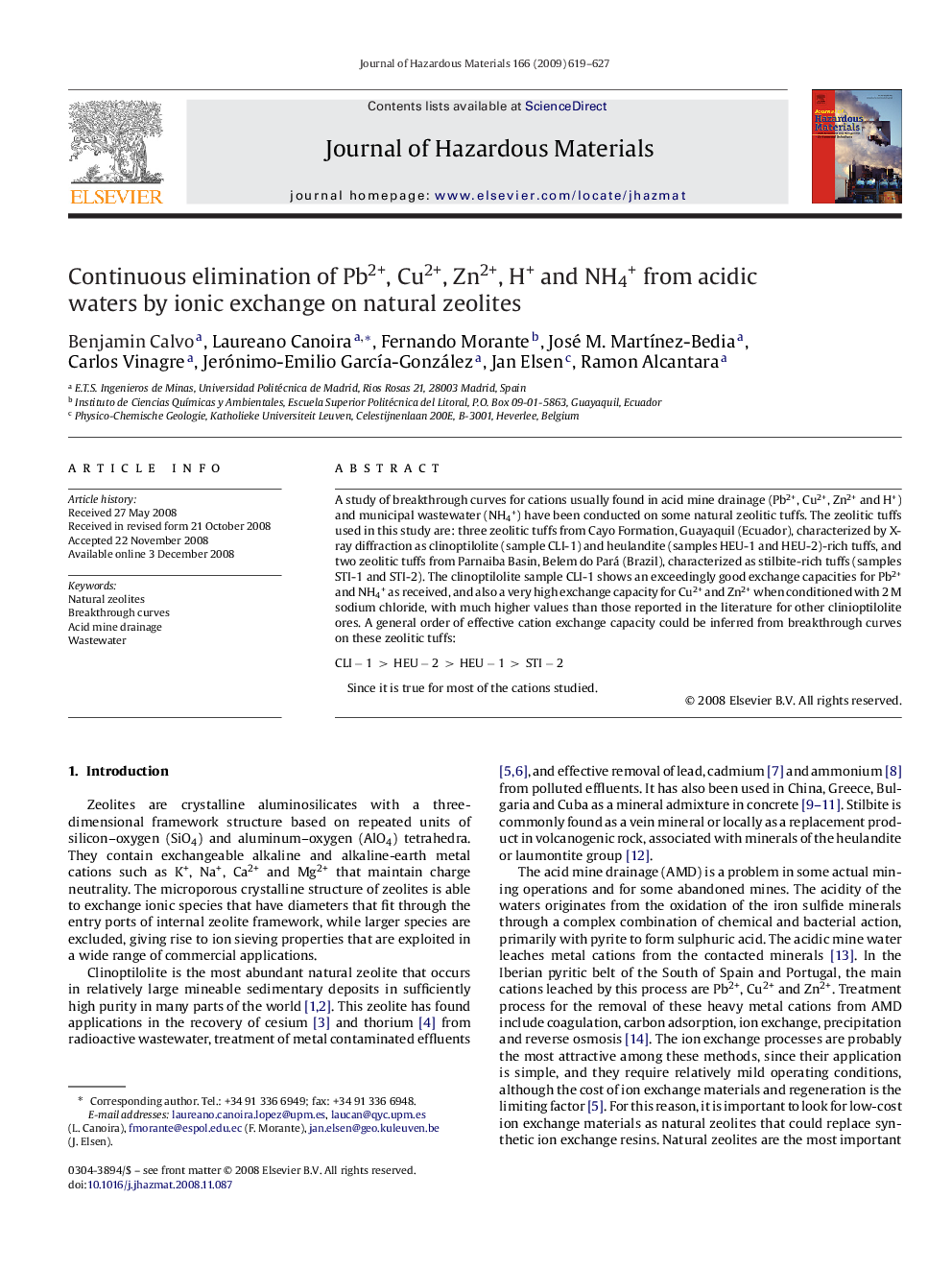 Continuous elimination of Pb2+, Cu2+, Zn2+, H+ and NH4+ from acidic waters by ionic exchange on natural zeolites