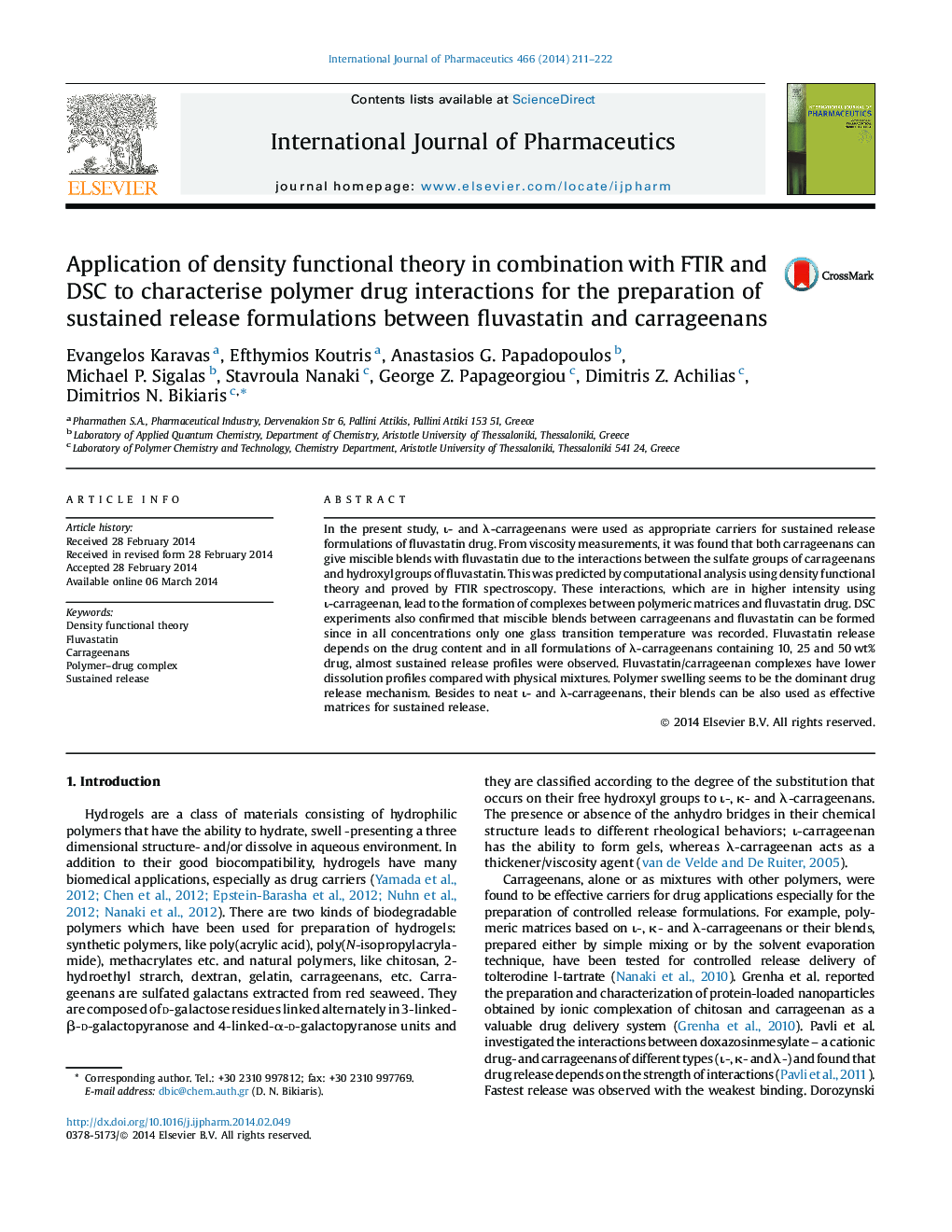 Application of density functional theory in combination with FTIR and DSC to characterise polymer drug interactions for the preparation of sustained release formulations between fluvastatin and carrageenans