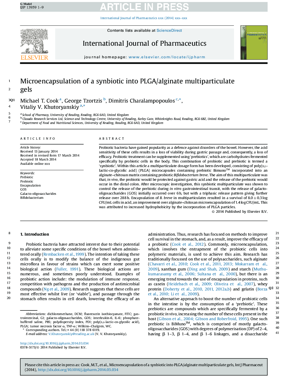 Microencapsulation of a synbiotic into PLGA/alginate multiparticulate gels