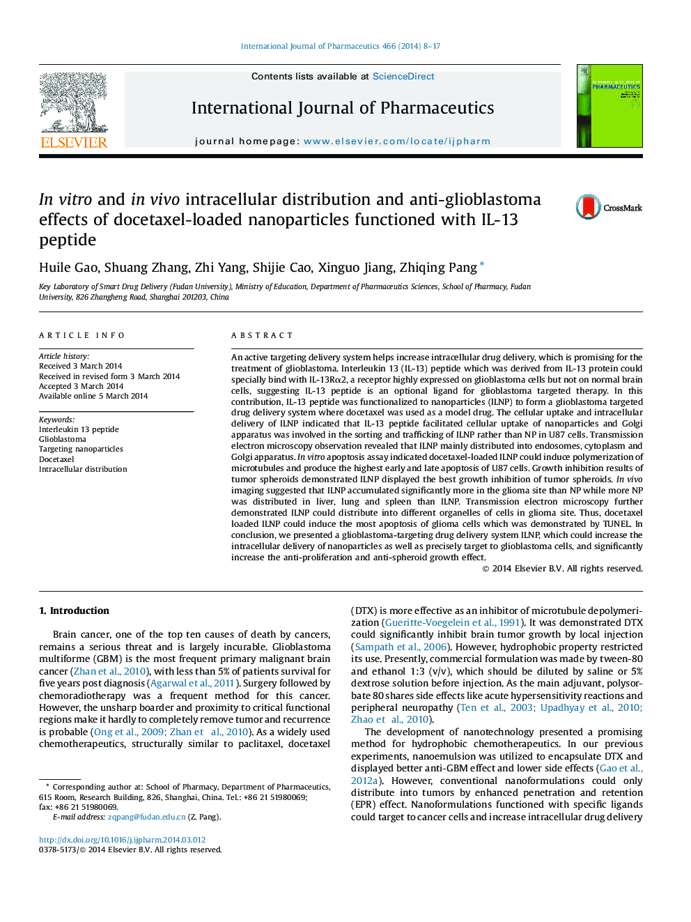 In vitro and in vivo intracellular distribution and anti-glioblastoma effects of docetaxel-loaded nanoparticles functioned with IL-13 peptide