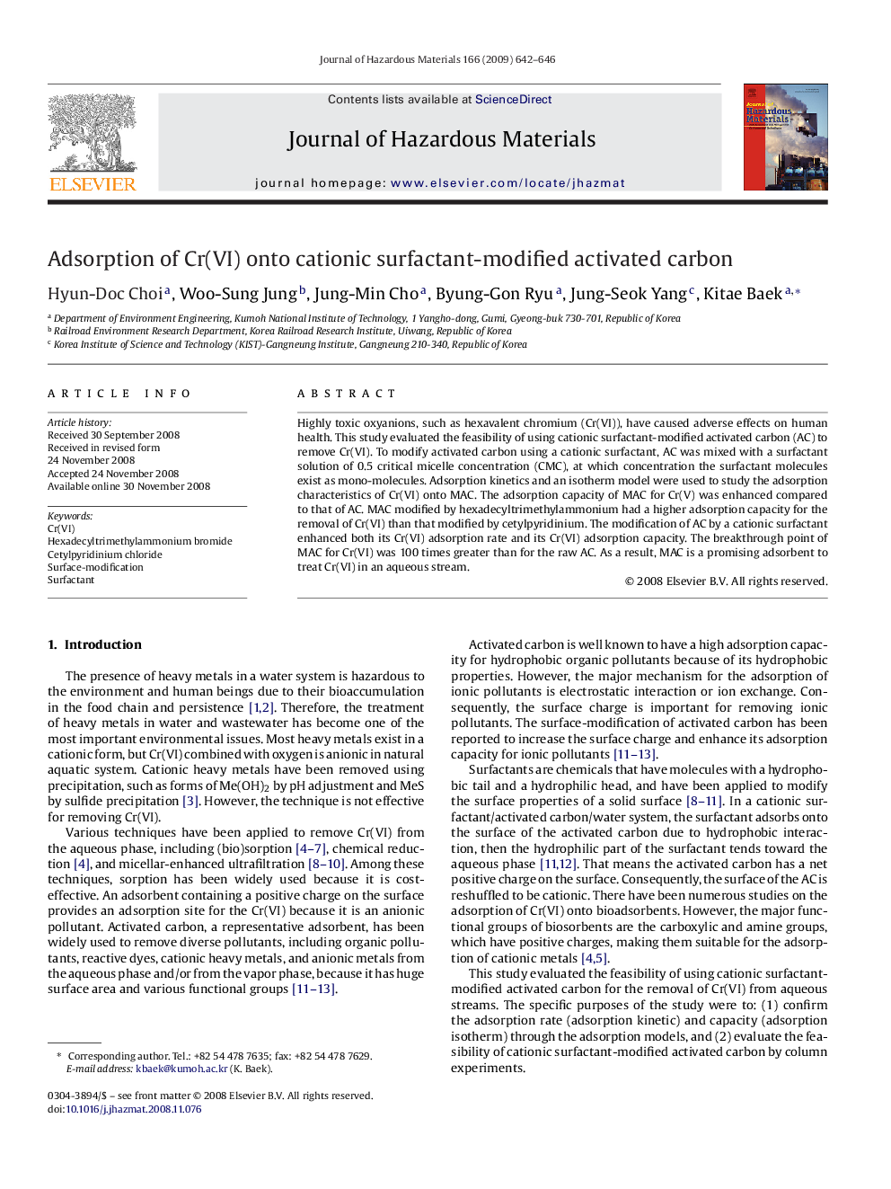 Adsorption of Cr(VI) onto cationic surfactant-modified activated carbon