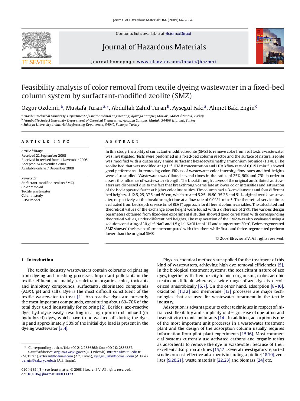 Feasibility analysis of color removal from textile dyeing wastewater in a fixed-bed column system by surfactant-modified zeolite (SMZ)