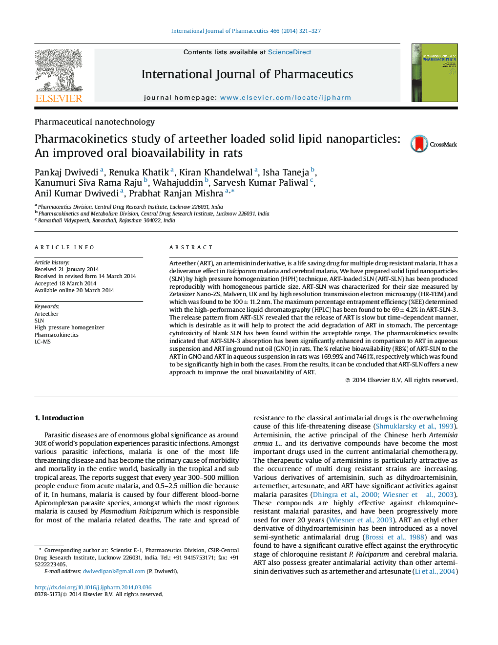 Pharmacokinetics study of arteether loaded solid lipid nanoparticles: An improved oral bioavailability in rats