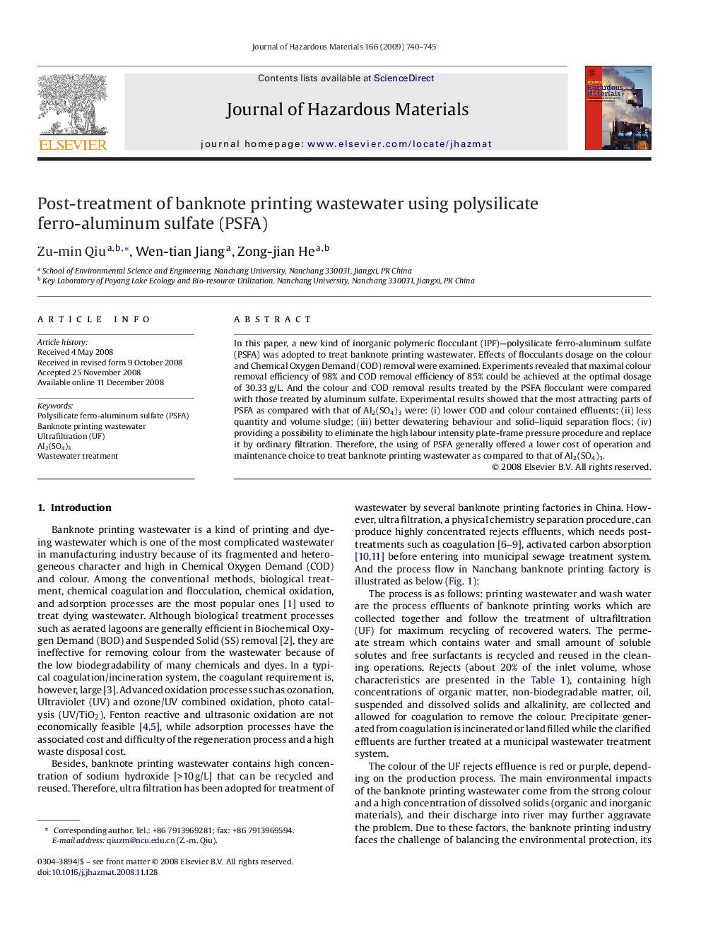 Post-treatment of banknote printing wastewater using polysilicate ferro-aluminum sulfate (PSFA)