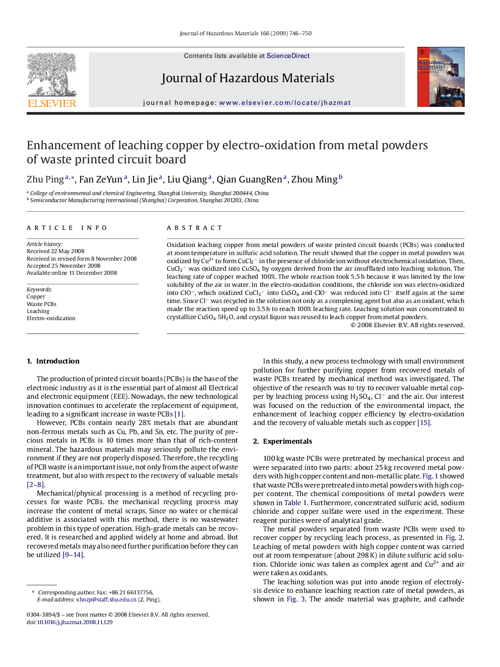 Enhancement of leaching copper by electro-oxidation from metal powders of waste printed circuit board