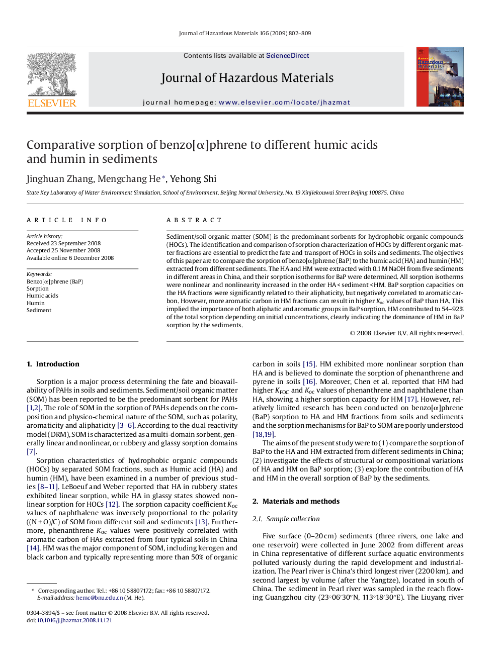 Comparative sorption of benzo[Î±]phrene to different humic acids and humin in sediments