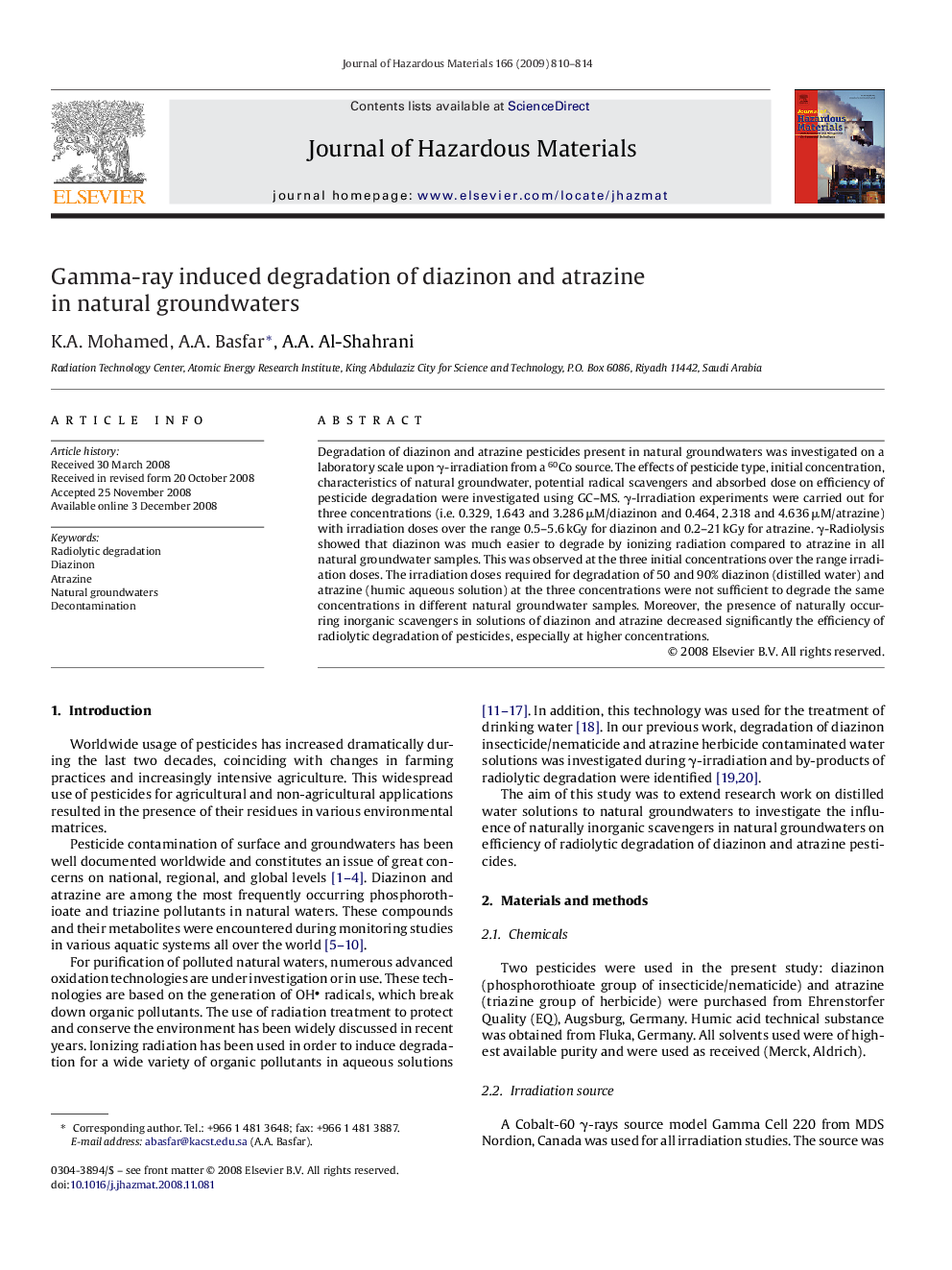 Gamma-ray induced degradation of diazinon and atrazine in natural groundwaters