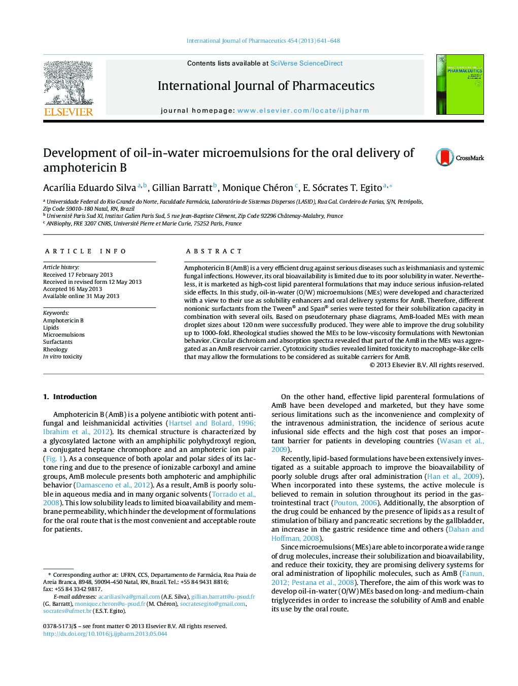 عکس صفحه اول مقاله: Development of oil-in-water microemulsions for the oral delivery of amphotericin B Development of oil-in-water microemulsions for the oral delivery of amphotericin B