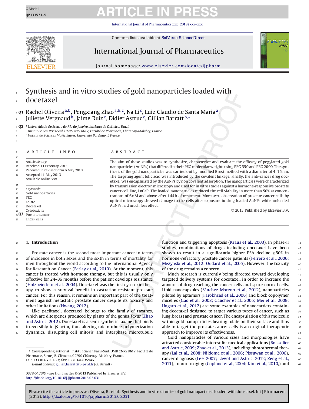 Synthesis and in vitro studies of gold nanoparticles loaded with docetaxel