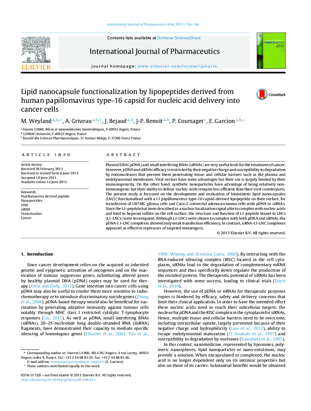 Lipid nanocapsule functionalization by lipopeptides derived from human papillomavirus type-16 capsid for nucleic acid delivery into cancer cells