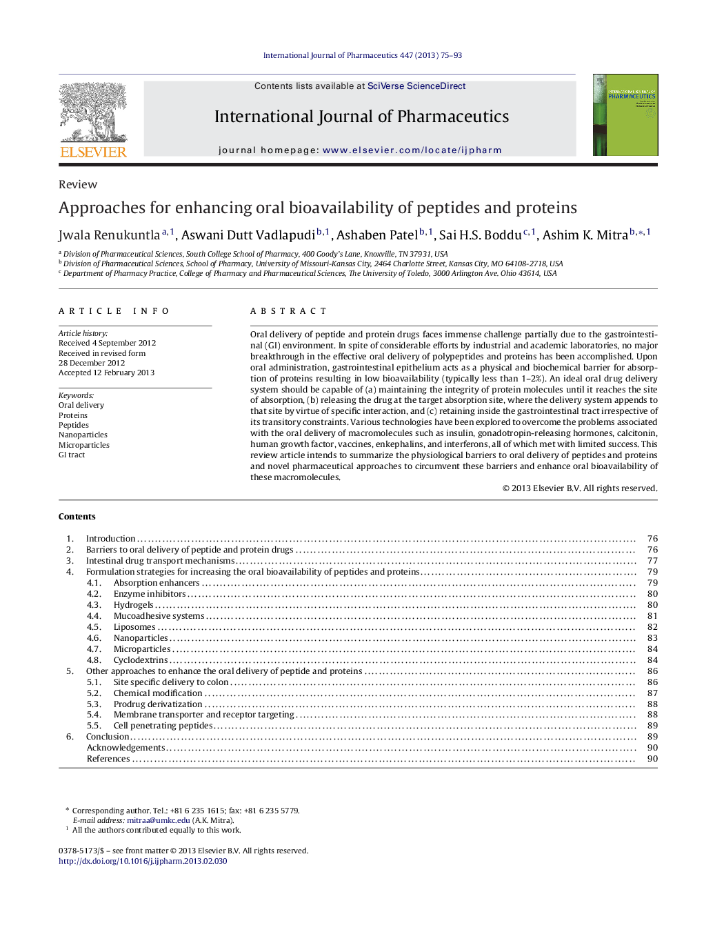 ReviewApproaches for enhancing oral bioavailability of peptides and proteins