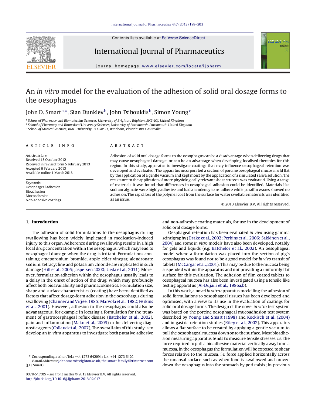 An in vitro model for the evaluation of the adhesion of solid oral dosage forms to the oesophagus