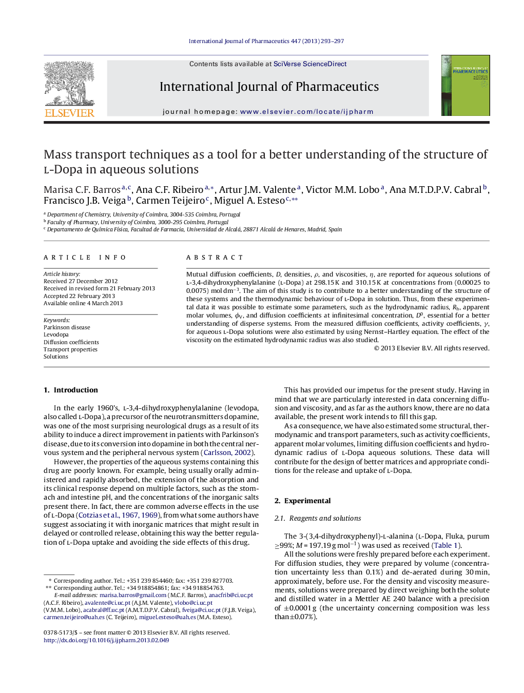 Mass transport techniques as a tool for a better understanding of the structure of l-Dopa in aqueous solutions