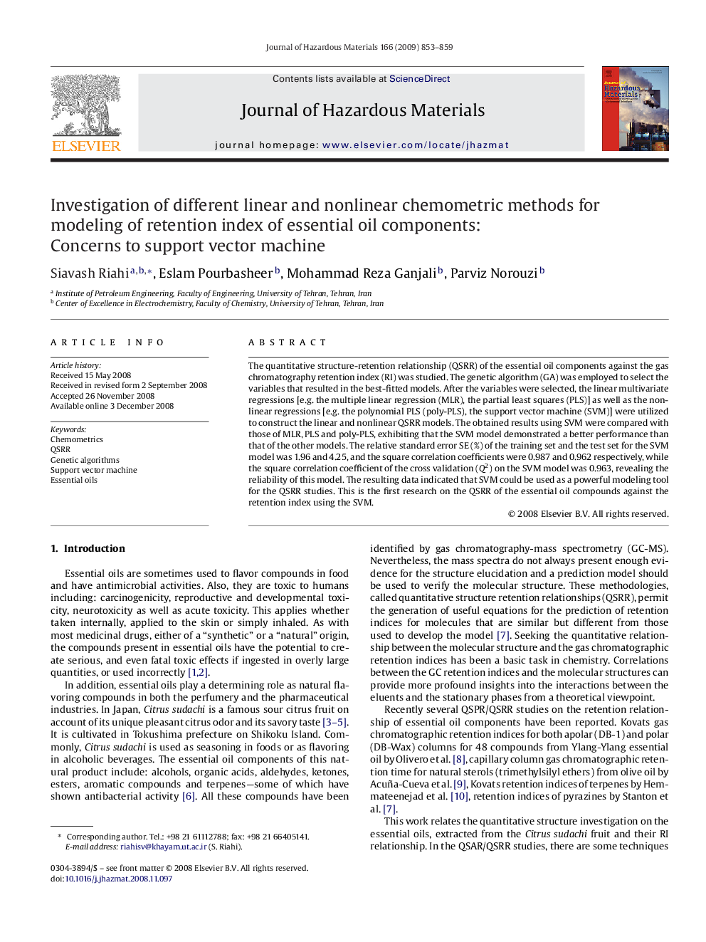 Investigation of different linear and nonlinear chemometric methods for modeling of retention index of essential oil components: Concerns to support vector machine