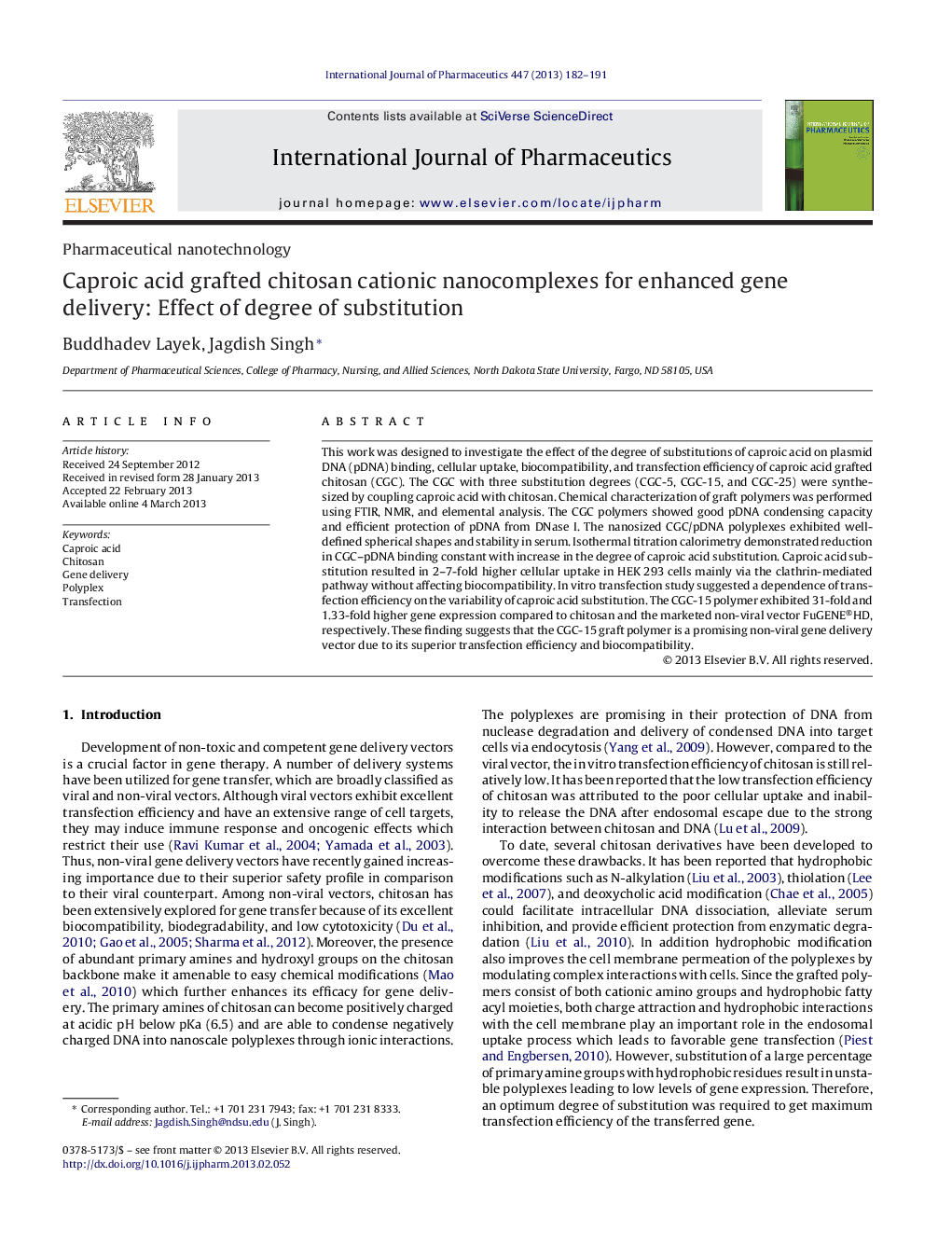 Caproic acid grafted chitosan cationic nanocomplexes for enhanced gene delivery: Effect of degree of substitution