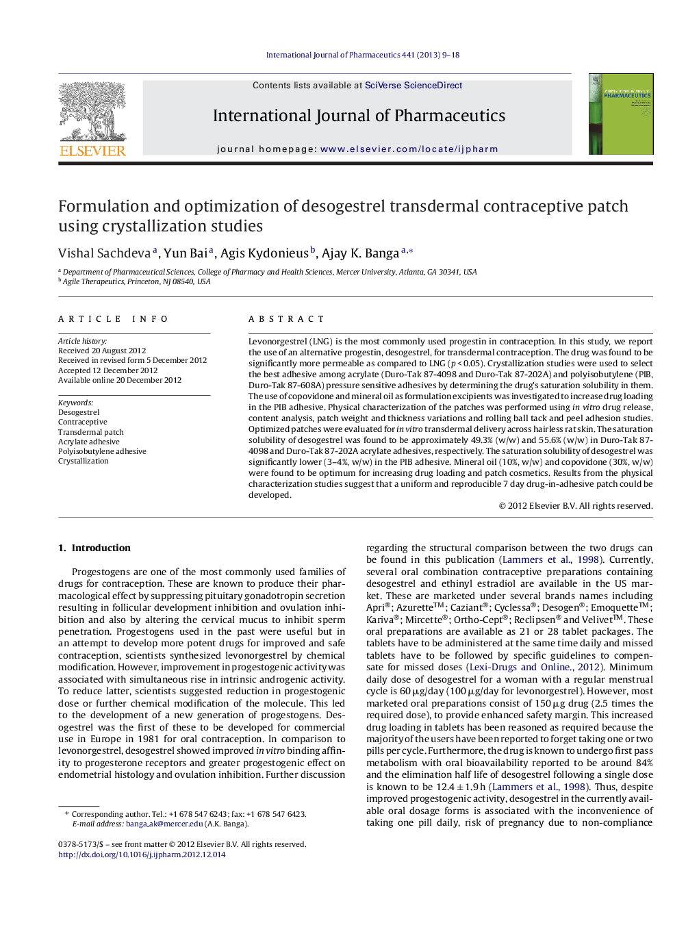 Formulation and optimization of desogestrel transdermal contraceptive patch using crystallization studies