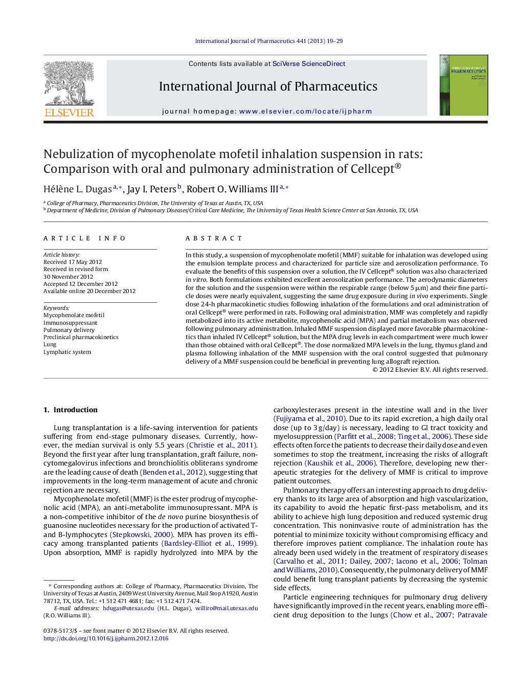 Nebulization of mycophenolate mofetil inhalation suspension in rats: Comparison with oral and pulmonary administration of Cellcept®