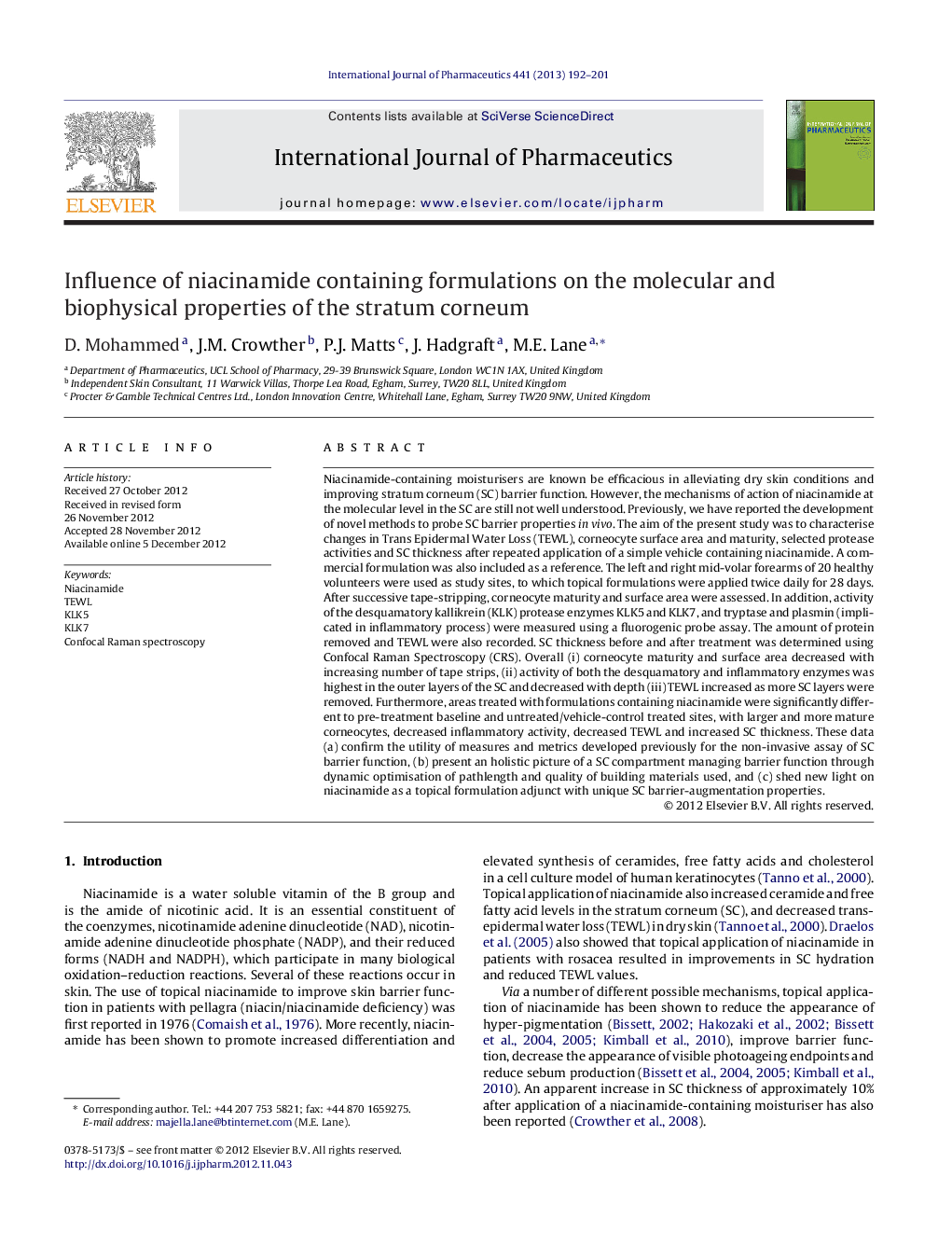 Influence of niacinamide containing formulations on the molecular and biophysical properties of the stratum corneum