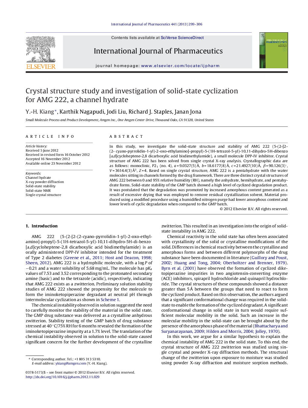 Crystal structure study and investigation of solid-state cyclization for AMG 222, a channel hydrate