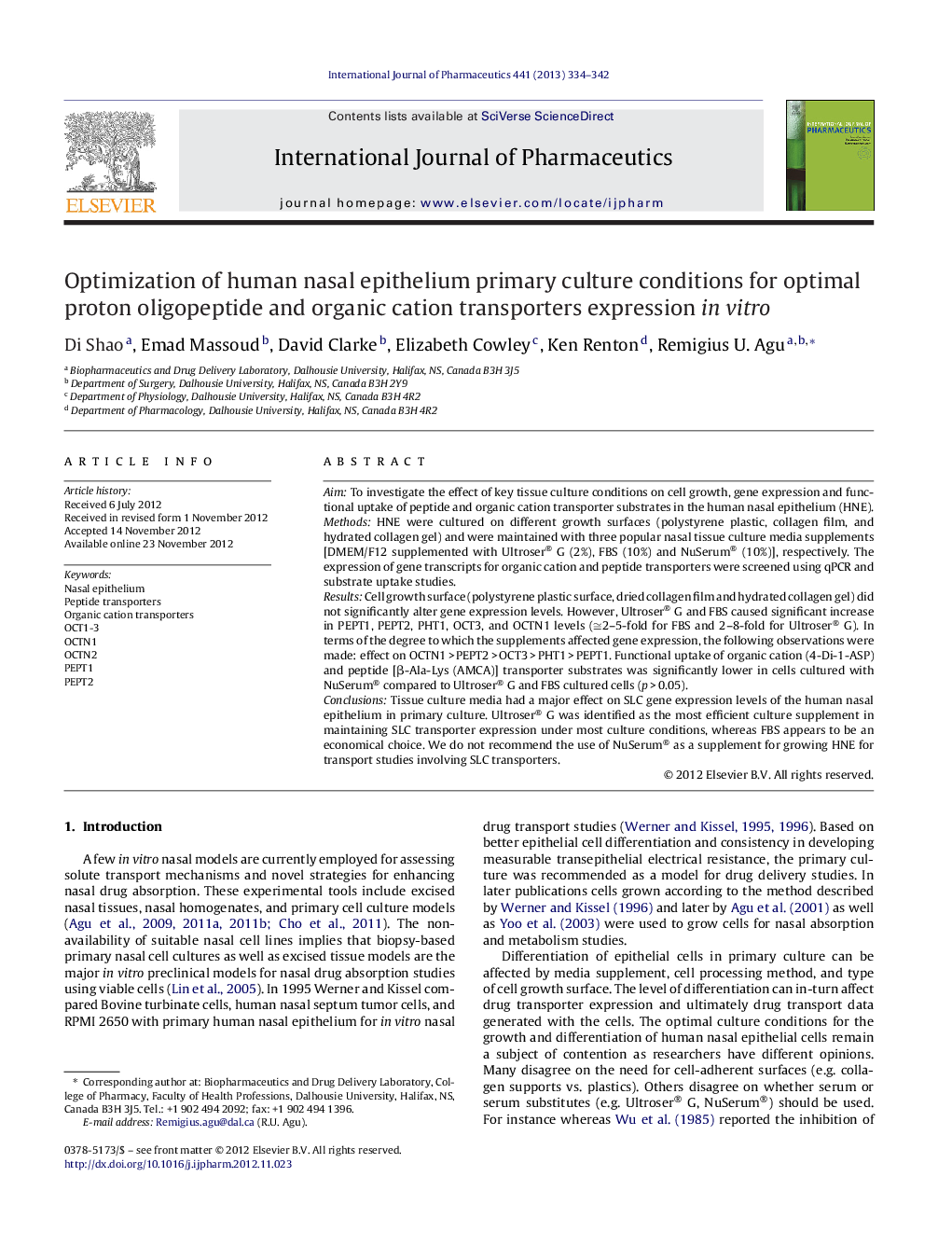 Optimization of human nasal epithelium primary culture conditions for optimal proton oligopeptide and organic cation transporters expression in vitro