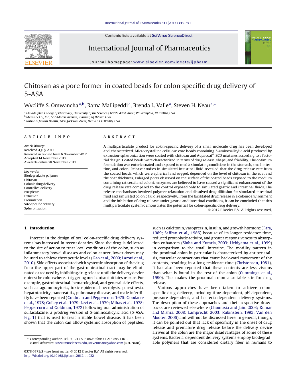 Chitosan as a pore former in coated beads for colon specific drug delivery of 5-ASA