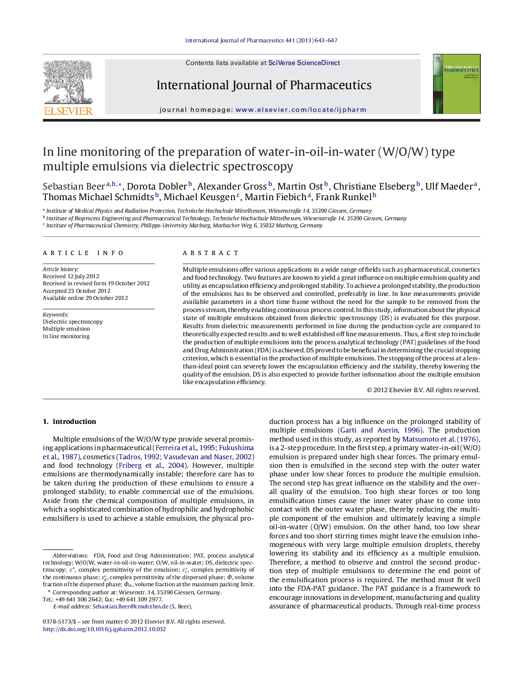 In line monitoring of the preparation of water-in-oil-in-water (W/O/W) type multiple emulsions via dielectric spectroscopy