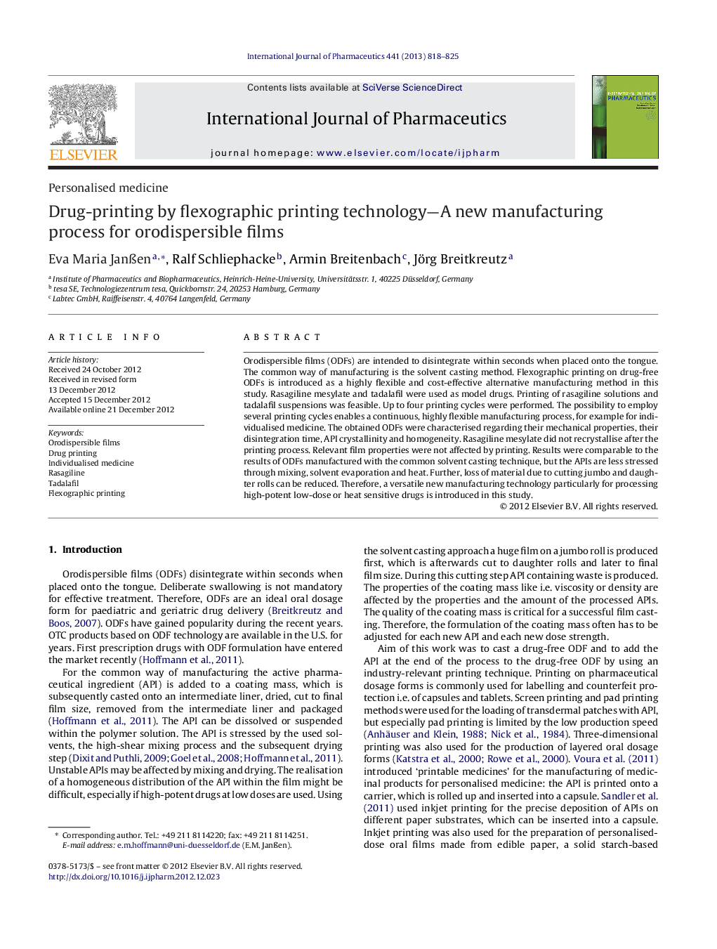 Drug-printing by flexographic printing technology-A new manufacturing process for orodispersible films