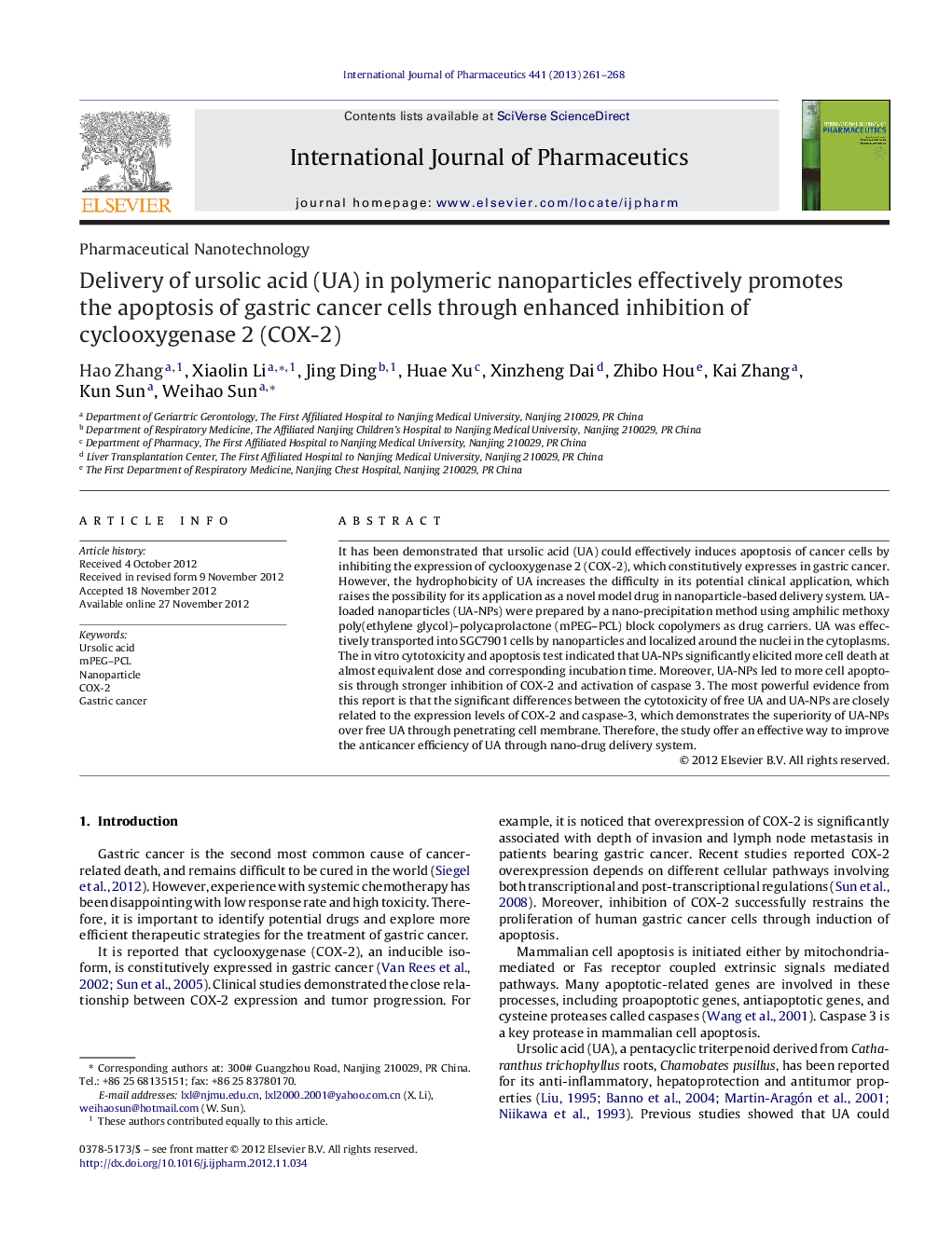 عکس صفحه اول مقاله: Pharmaceutical NanotechnologyDelivery of ursolic acid (UA) in polymeric nanoparticles effectively promotes the apoptosis of gastric cancer cells through enhanced inhibition of cyclooxygenase 2 (COX-2) Pharmaceutical NanotechnologyDelivery of ursolic acid (UA) in polymeric nanoparticles effectively promotes the apoptosis of gastric cancer cells through enhanced inhibition of cyclooxygenase 2 (COX-2)
