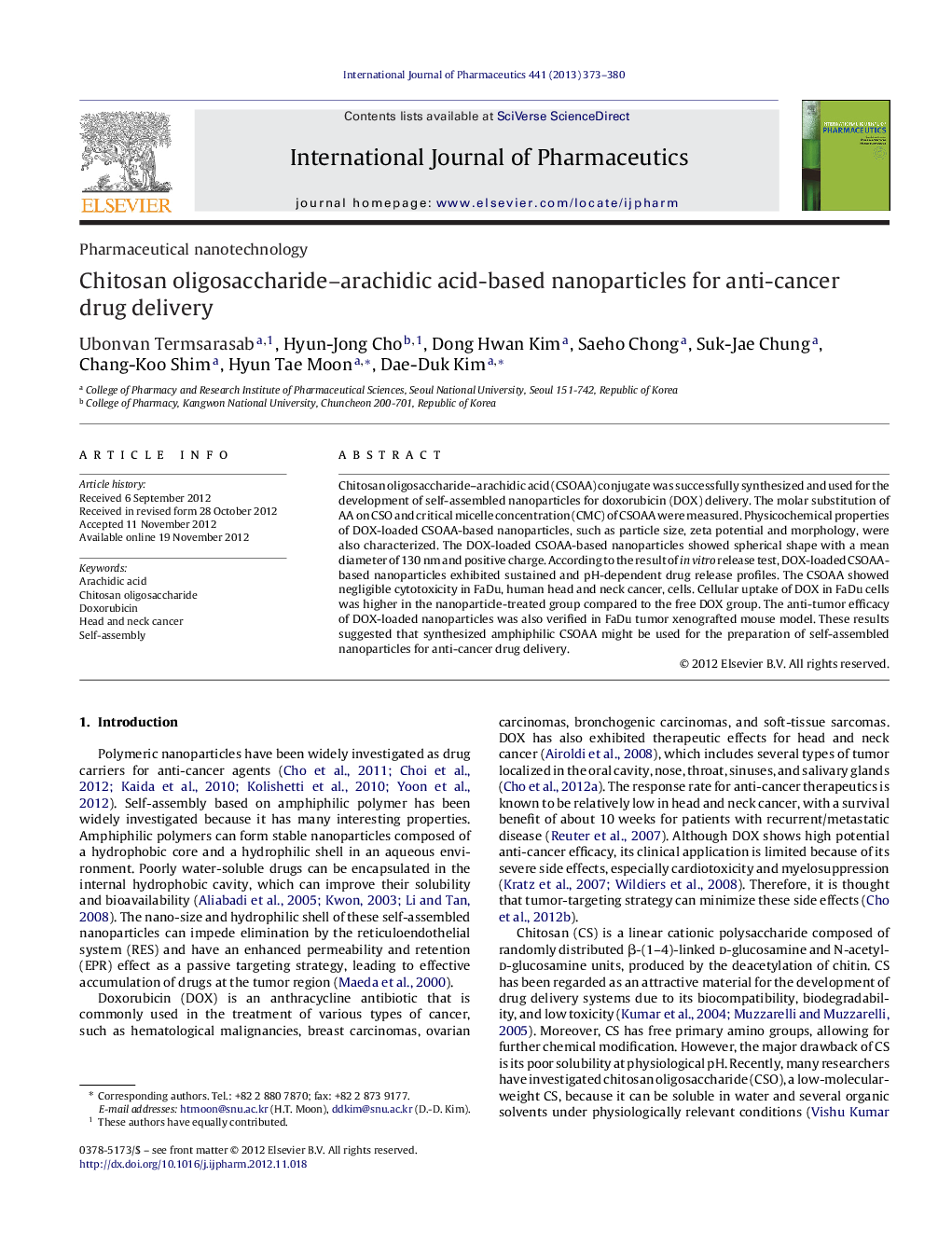 Pharmaceutical nanotechnologyChitosan oligosaccharide-arachidic acid-based nanoparticles for anti-cancer drug delivery