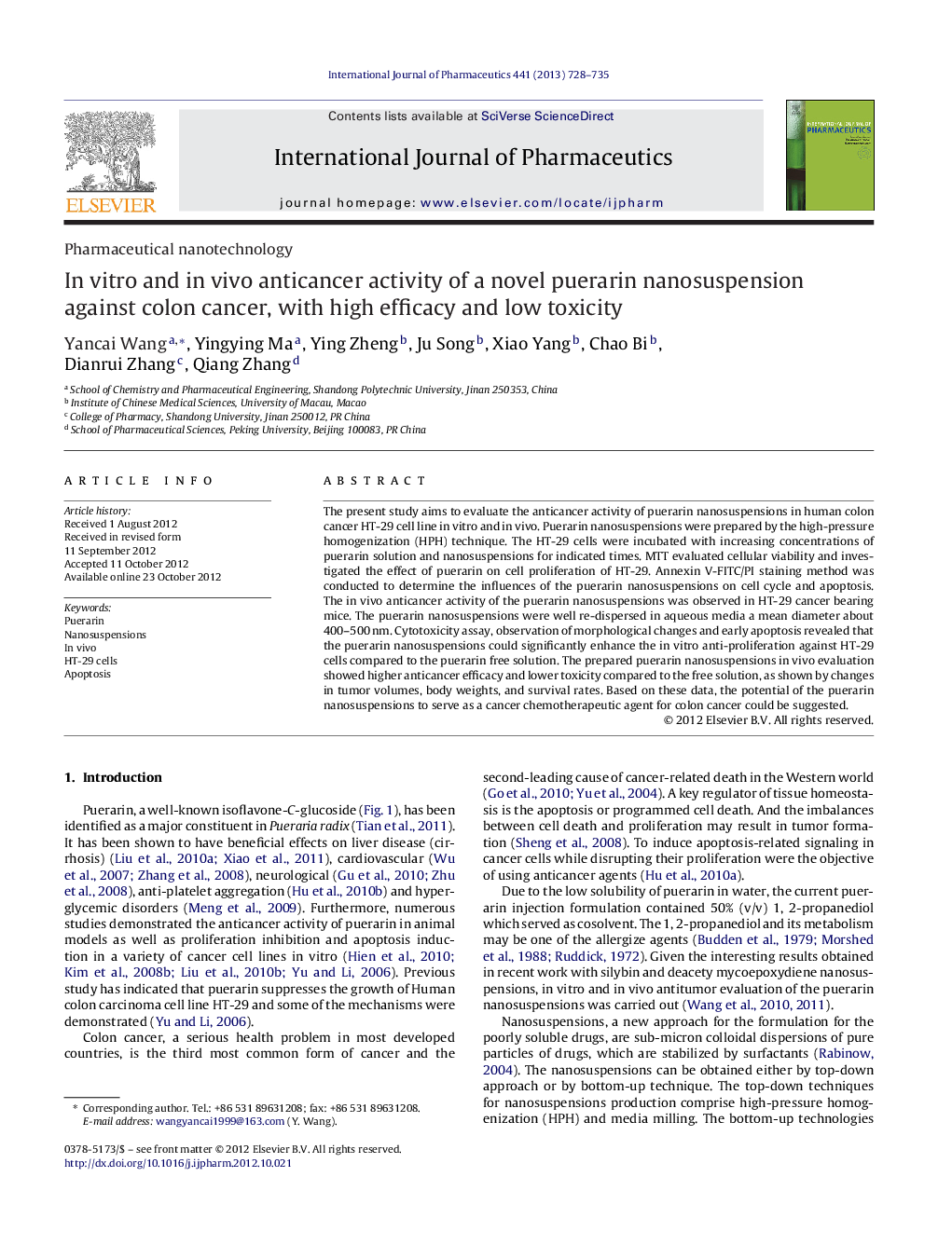 عکس صفحه اول مقاله: Pharmaceutical nanotechnologyIn vitro and in vivo anticancer activity of a novel puerarin nanosuspension against colon cancer, with high efficacy and low toxicity Pharmaceutical nanotechnologyIn vitro and in vivo anticancer activity of a novel puerarin nanosuspension against colon cancer, with high efficacy and low toxicity
