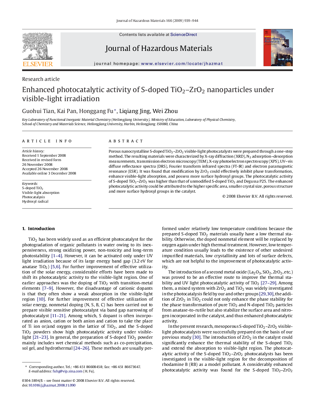 Enhanced photocatalytic activity of S-doped TiO2-ZrO2 nanoparticles under visible-light irradiation