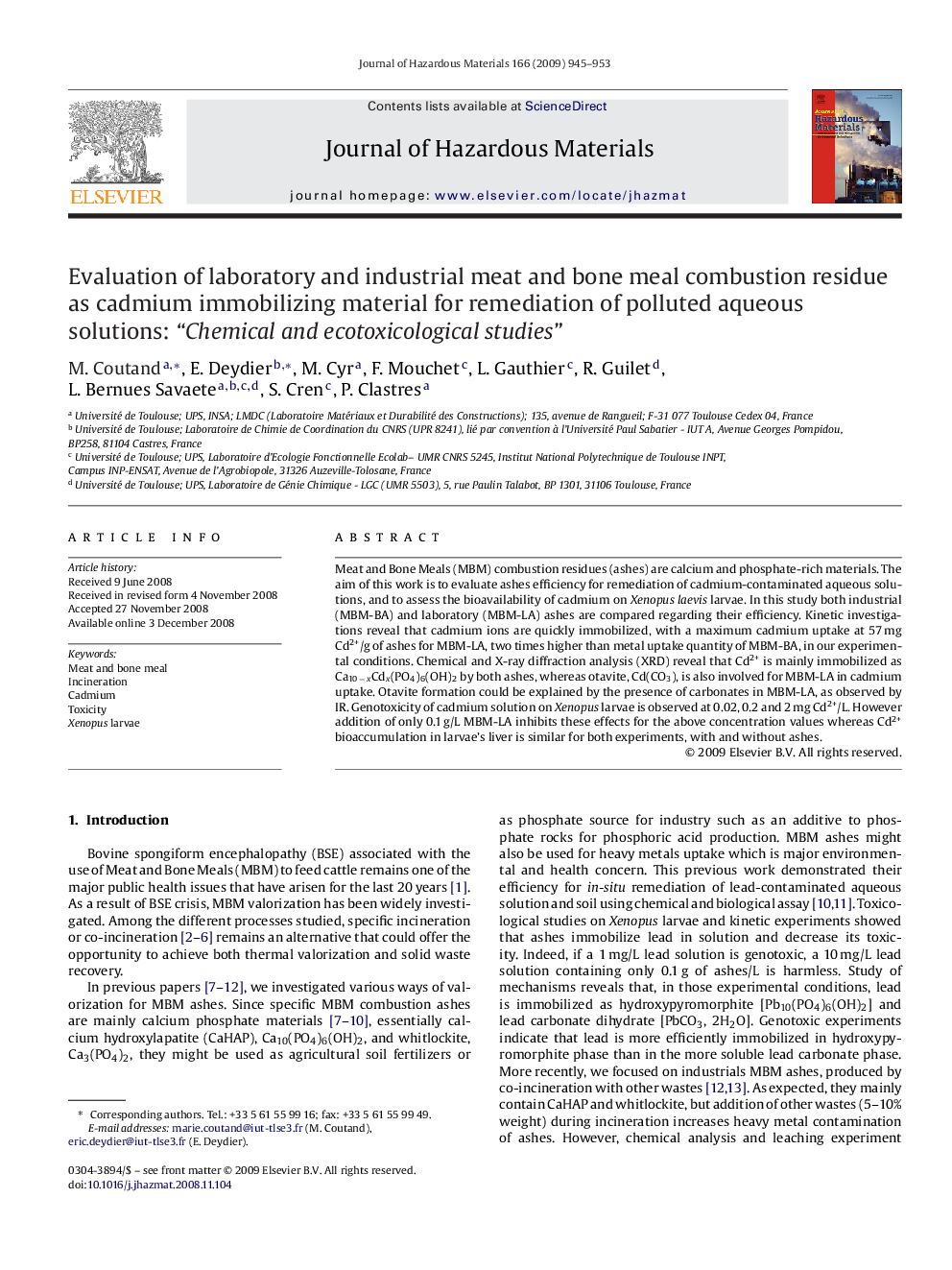 Evaluation of laboratory and industrial meat and bone meal combustion residue as cadmium immobilizing material for remediation of polluted aqueous solutions: “Chemical and ecotoxicological studies”