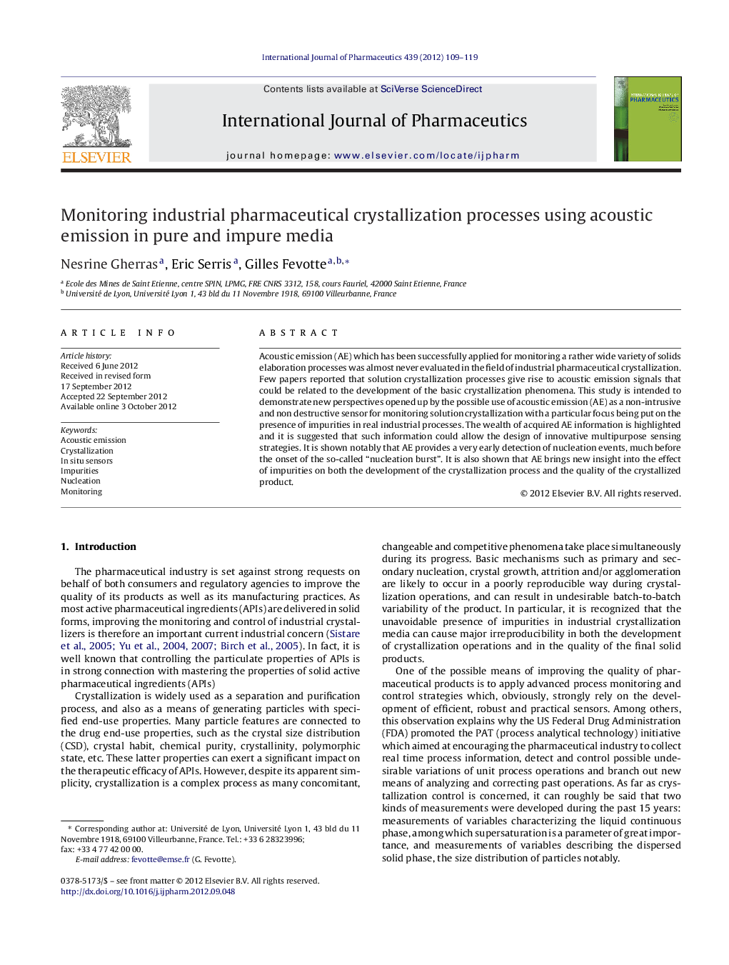 عکس صفحه اول مقاله: Monitoring industrial pharmaceutical crystallization processes using acoustic emission in pure and impure media Monitoring industrial pharmaceutical crystallization processes using acoustic emission in pure and impure media