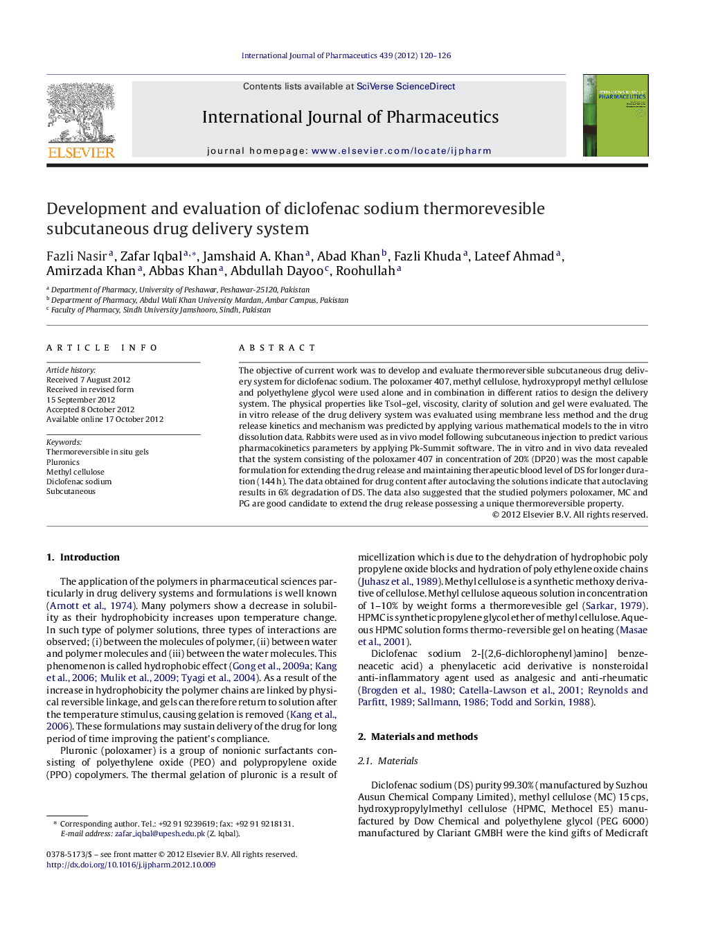 Development and evaluation of diclofenac sodium thermorevesible subcutaneous drug delivery system