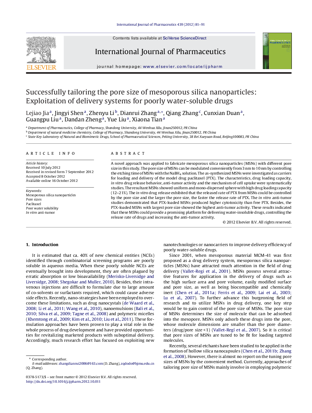 Successfully tailoring the pore size of mesoporous silica nanoparticles: Exploitation of delivery systems for poorly water-soluble drugs