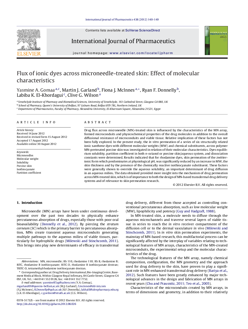 Flux of ionic dyes across microneedle-treated skin: Effect of molecular characteristics