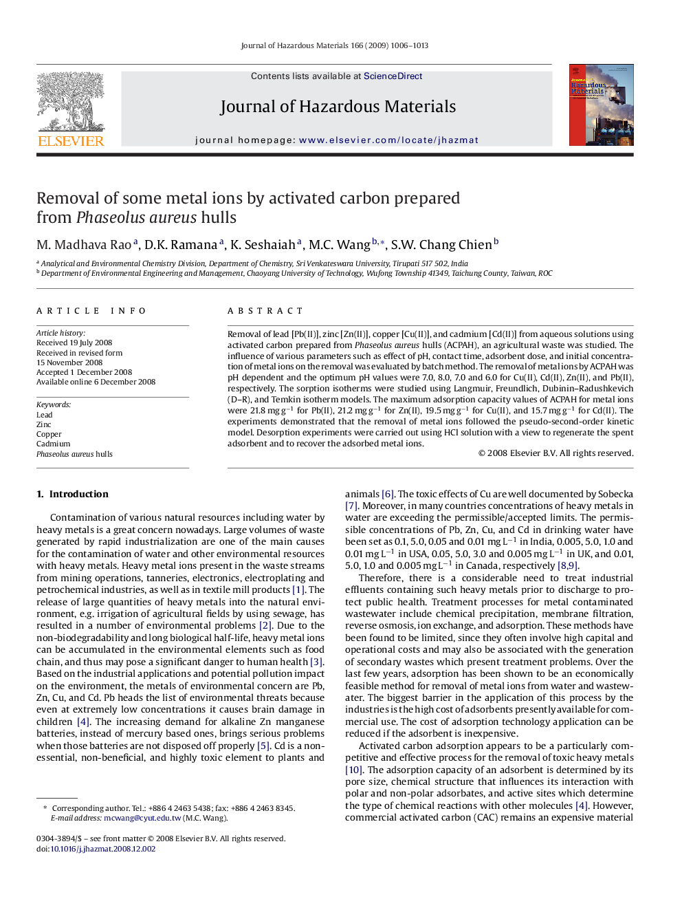 Removal of some metal ions by activated carbon prepared from Phaseolus aureus hulls