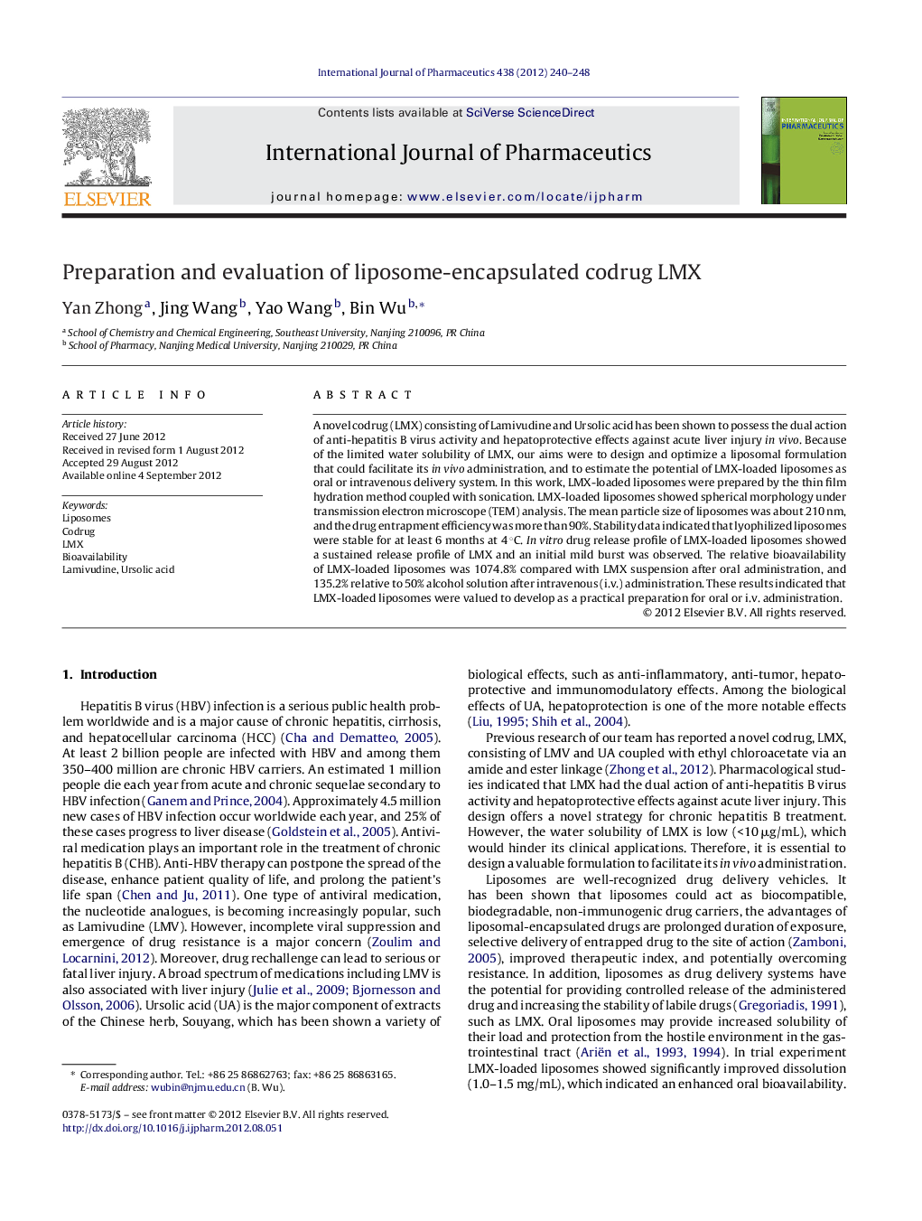 Preparation and evaluation of liposome-encapsulated codrug LMX