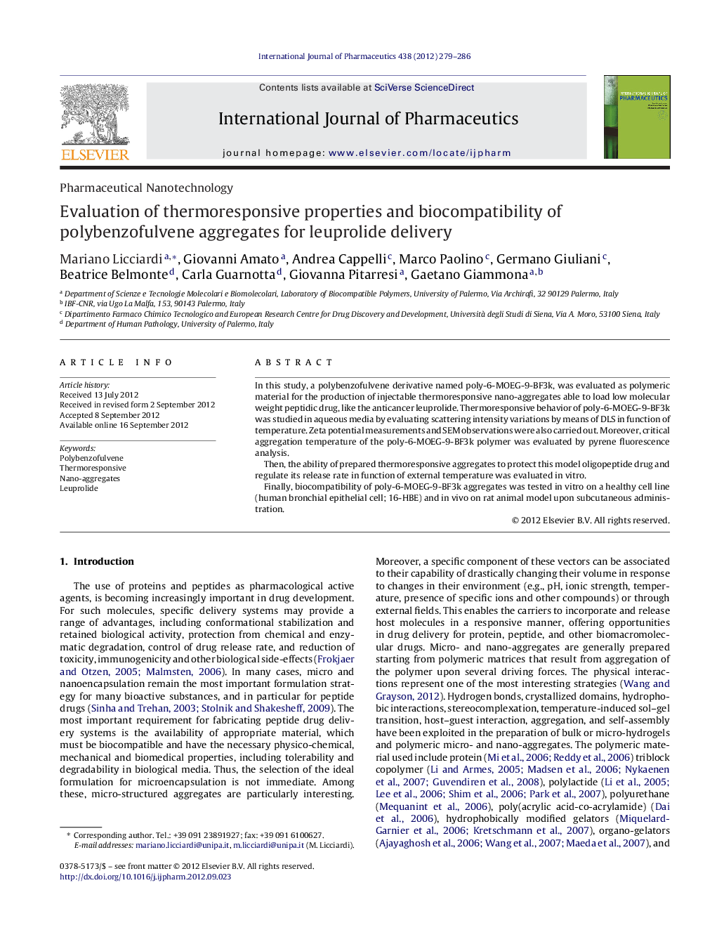 Evaluation of thermoresponsive properties and biocompatibility of polybenzofulvene aggregates for leuprolide delivery