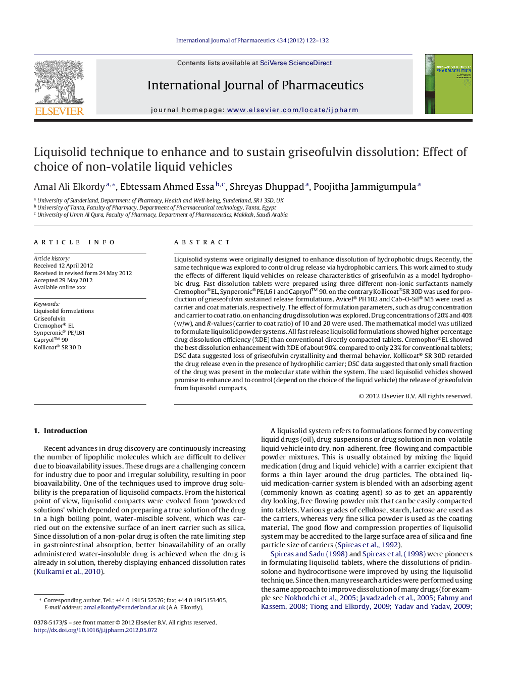 Liquisolid technique to enhance and to sustain griseofulvin dissolution: Effect of choice of non-volatile liquid vehicles