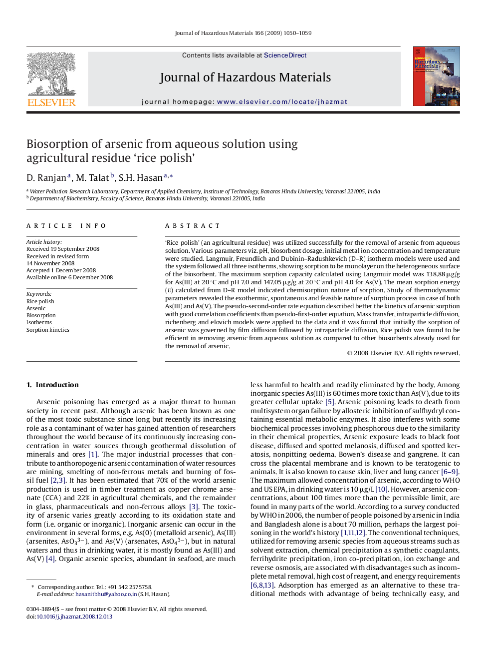 Biosorption of arsenic from aqueous solution using agricultural residue 'rice polish'