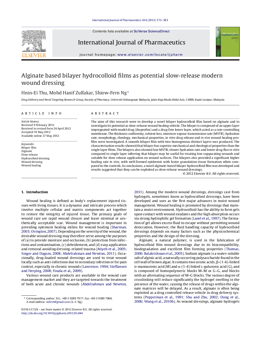 Alginate based bilayer hydrocolloid films as potential slow-release modern wound dressing