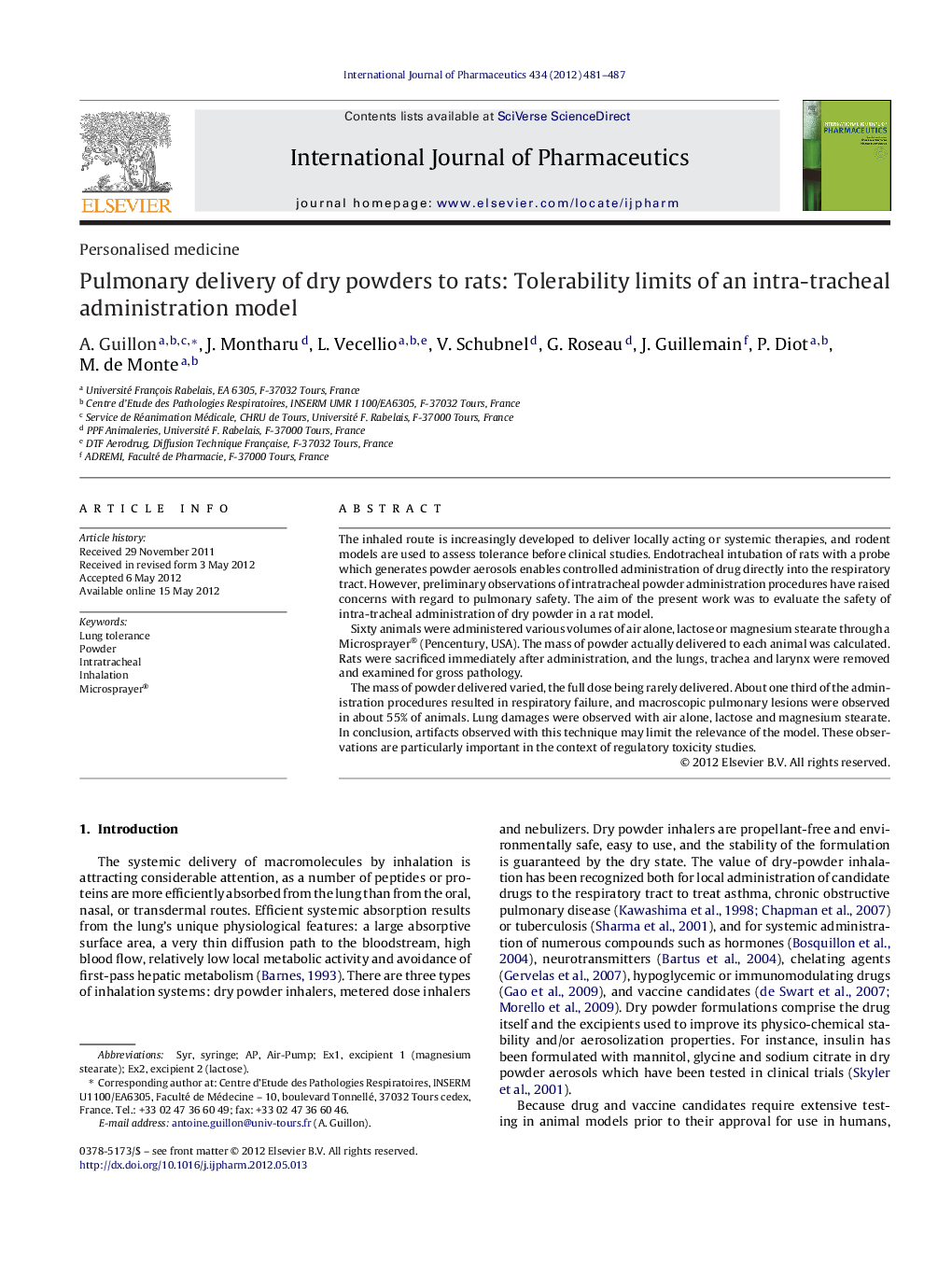 Personalised medicinePulmonary delivery of dry powders to rats: Tolerability limits of an intra-tracheal administration model