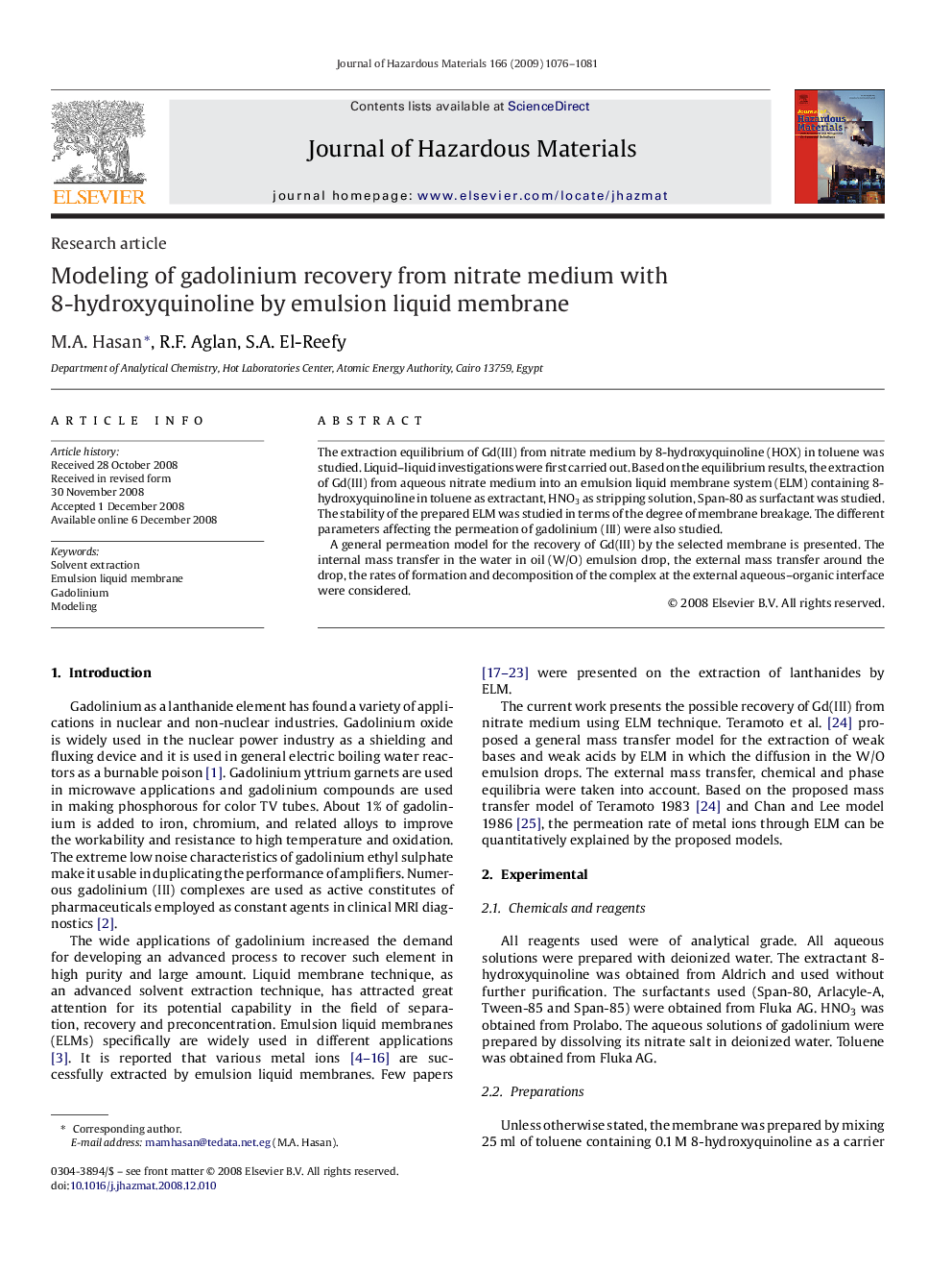 Modeling of gadolinium recovery from nitrate medium with 8-hydroxyquinoline by emulsion liquid membrane