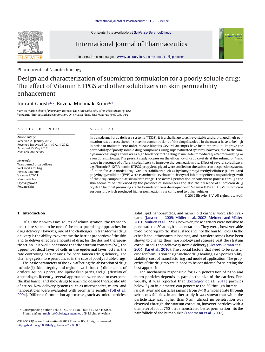 Design and characterization of submicron formulation for a poorly soluble drug: The effect of Vitamin E TPGS and other solubilizers on skin permeability enhancement