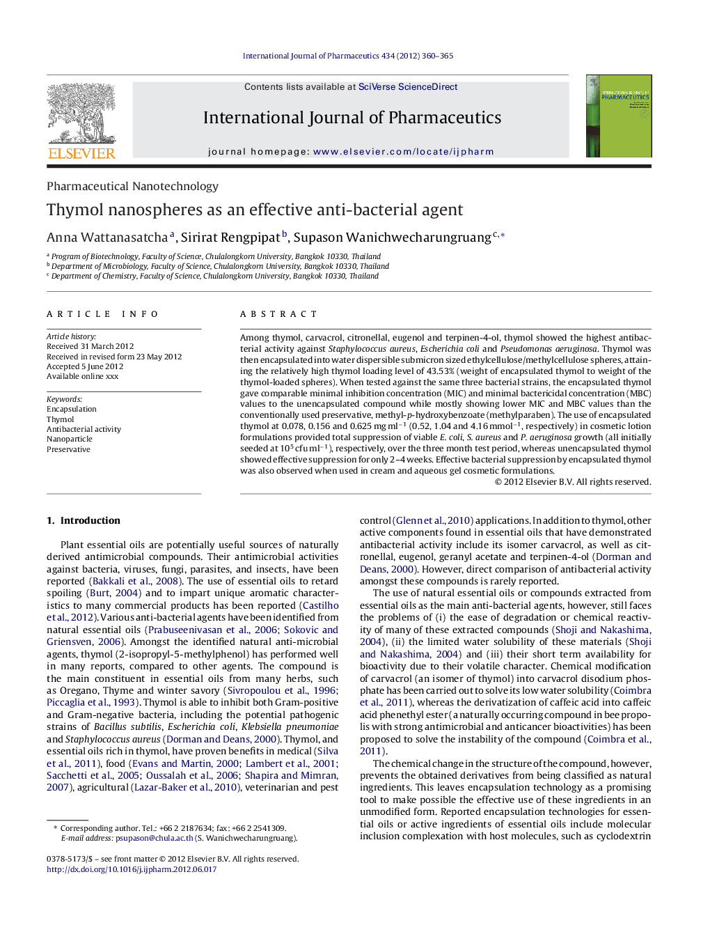 Thymol nanospheres as an effective anti-bacterial agent