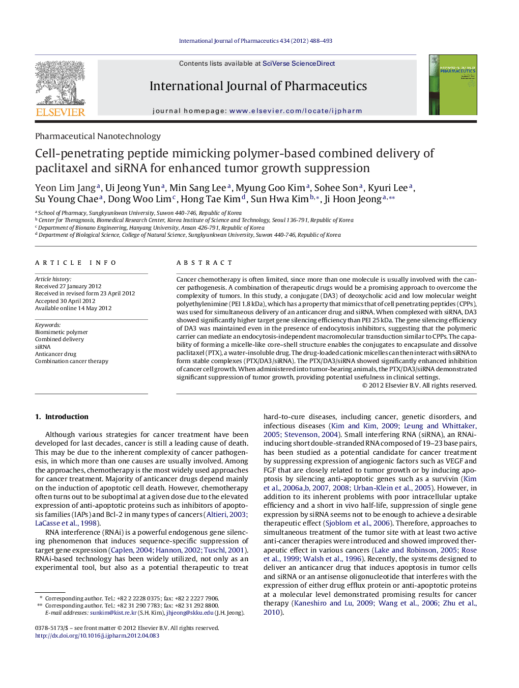 Pharmaceutical NanotechnologyCell-penetrating peptide mimicking polymer-based combined delivery of paclitaxel and siRNA for enhanced tumor growth suppression