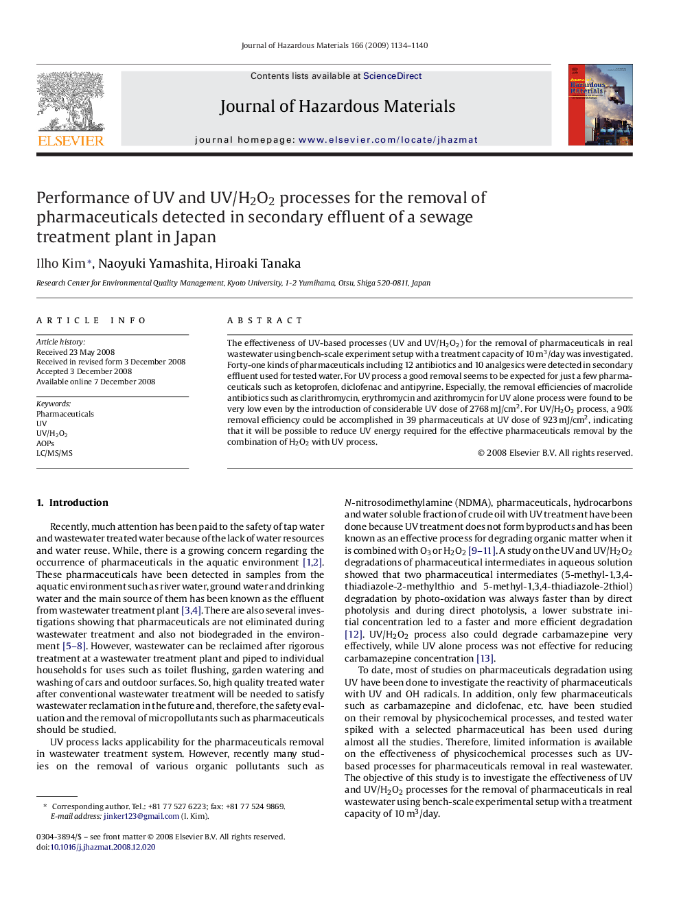 عکس صفحه اول مقاله: Performance of UV and UV/H2O2 processes for the removal of pharmaceuticals detected in secondary effluent of a sewage treatment plant in Japan Performance of UV and UV/H2O2 processes for the removal of pharmaceuticals detected in secondary effluent of a sewage treatment plant in Japan